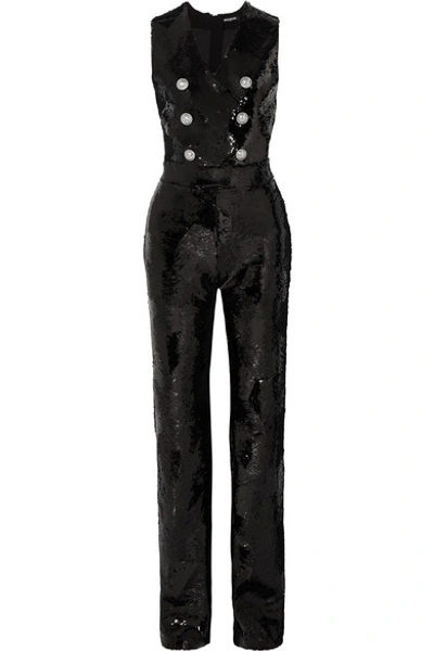 Shop Balmain Button-embellished Sequined Crepe Jumpsuit