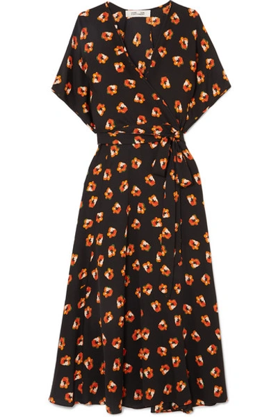 Shop Diane Von Furstenberg Kelsey Floral-print Silk-blend Crepe De Chine Wrap Dress In Black