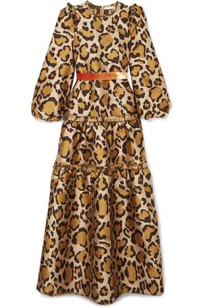 Shop Anna Mason Christy Tiered Velvet-trimmed Leopard-jacquard Gown In Mustard