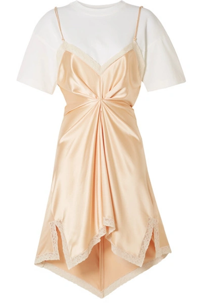 Shop Alexander Wang Layered Lace-trimmed Silk-charmeuse And Cotton-jersey Mini Dress In Peach