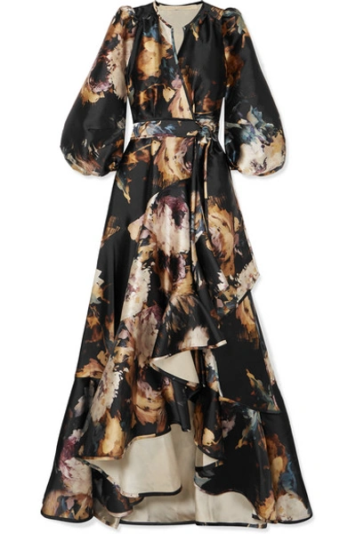 Shop Anna Mason Stella Ruffled Floral-print Satin Wrap Gown In Black