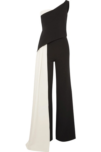 Shop Safiyaa Kimiko One-shoulder Draped Two-tone Crepe Jumpsuit In Black