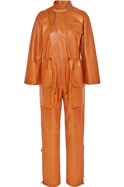 Shop Ferragamo Leather Jumpsuit In Orange