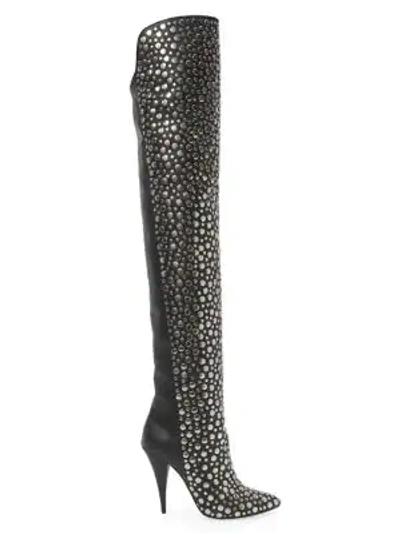 Shop Saint Laurent Kiki Embellished Over-the-knee Leather Boots In Nero