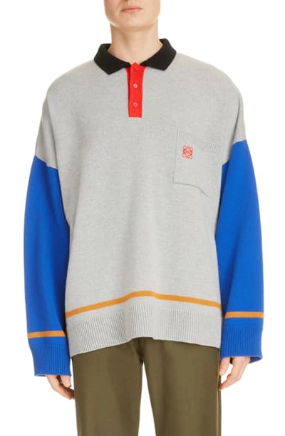 Shop Loewe Oversize Polo Neck Colorblock Wool & Cashmere Sweater In Grey/ Blue