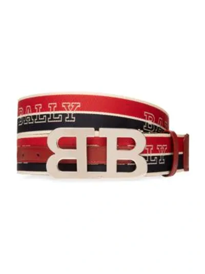 Shop Bally Men's B Buckle Striped Reversible Logo Belt In Navy Red Grey
