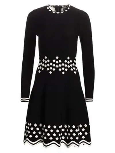 Shop Lela Rose Diamond Jacquard Knit Long-sleeve Dress In Black White