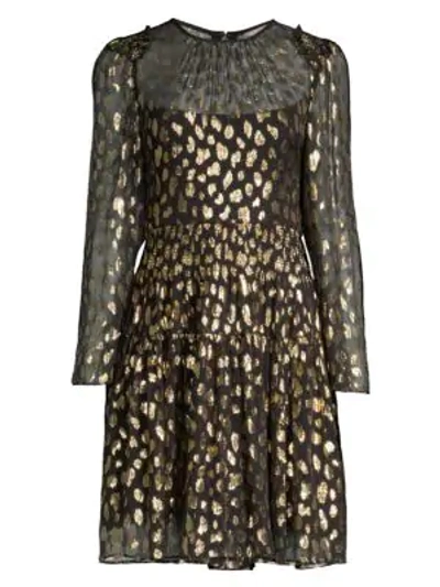 Shop Rebecca Taylor Metallic Leopard-print Long-sleeve Dress In Black Combo