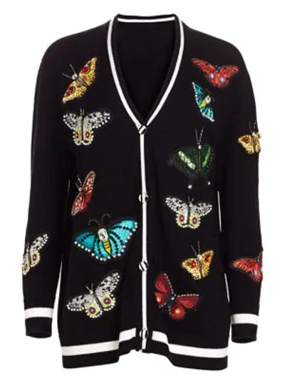 Shop Alice And Olivia Bradford Butterfly-embroidered Wool-blend Cardigan In Black Multi