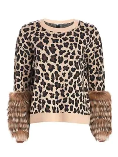 Shop Alice And Olivia Sheila Leopard Silver Fox Fur-cuff Stretch-wool Sweater In Leopard Natural