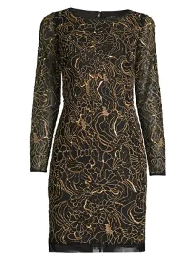 Shop Aidan Mattox Beaded Sequin Long-sleeve Sheath Dress In Black Gold