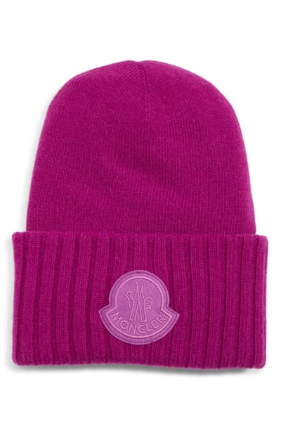 Shop Moncler Logo Patch Wool Beanie In Purple