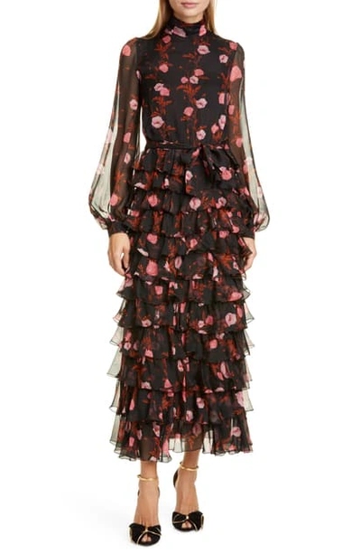 Shop Giambattista Valli Floral Print Long Sleeve Silk Dress In Black