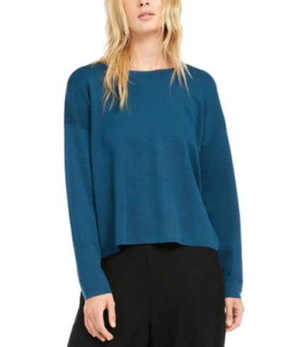 Shop Eileen Fisher Crewneck Merino Wool Sweater, Regular & Petite In Blue Spruce