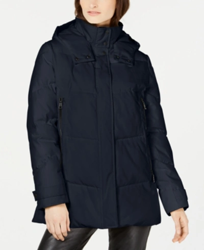 Shop Vince Camuto Hooded Double Zipper Puffer Coat In Navy