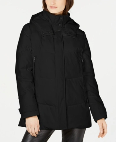 Shop Vince Camuto Hooded Double Zipper Puffer Coat In Black