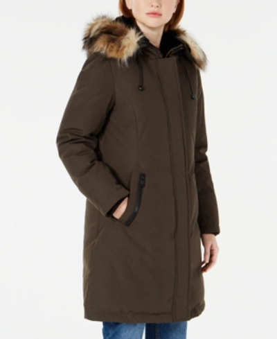 Shop Vince Camuto Hooded Faux-fur-trim Down Parka In Loden
