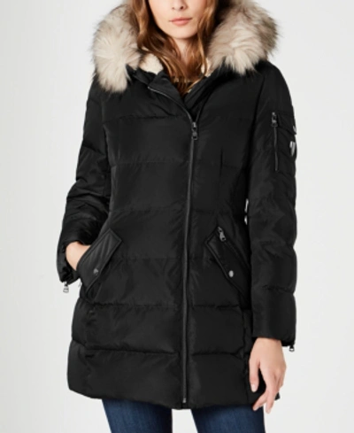 Shop Vince Camuto Faux-fur-trim Hooded Down Puffer Coat In Black