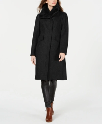 Shop Vince Camuto Asymmetrical Faux-fur-collar Coat In Black