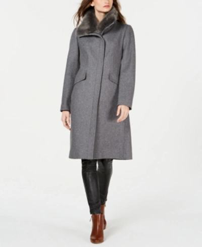 Shop Vince Camuto Asymmetrical Faux-fur-collar Coat In Light Grey
