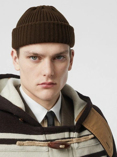 Shop Burberry Rib Knit Wool Beanie In Deep Brown