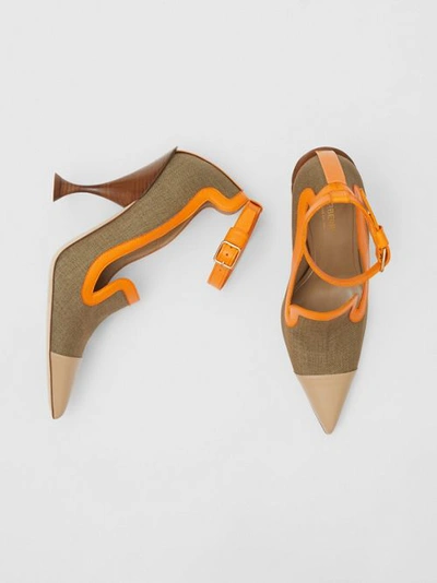 Shop Burberry Canvas And Leather Point-toe Pumps In Camel