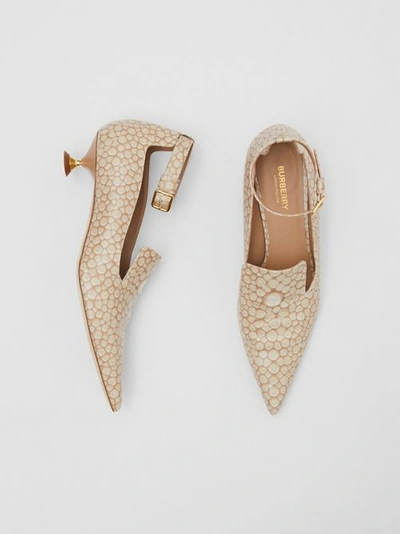 Shop Burberry Stingray Print Leather Point-toe Kitten-heel Pumps In Nude