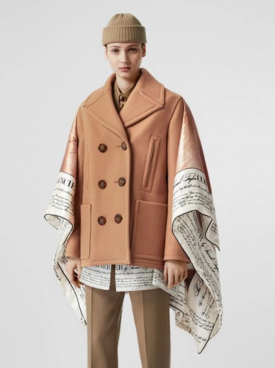 Shop Burberry Mariner Print Blanket Detail Technical Wool Pea Coat In Warm Camel