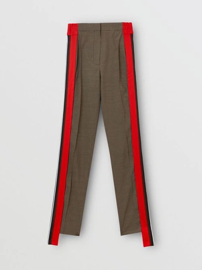 Shop Burberry Stripe Detail Wool Cotton Tailored Trousers In Beige