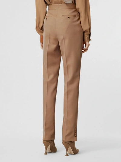 Shop Burberry Straight Fit Button Detail Wool Blend Tailored Trousers In Camel