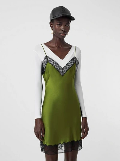 Burberry Lace-trimmed Silk-satin Mini Dress In Green | ModeSens