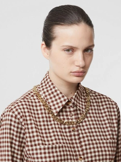 Shop Burberry Chain Detail Gingham Cotton Flannel Oversized Shirt In Brown