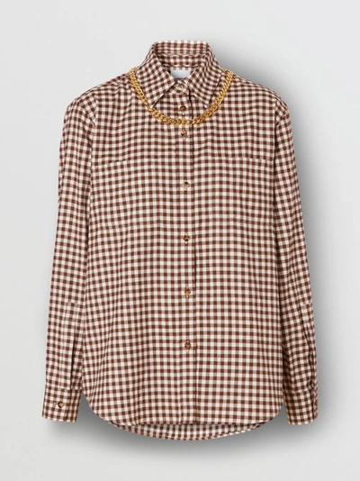 Shop Burberry Chain Detail Gingham Cotton Flannel Oversized Shirt In Brown