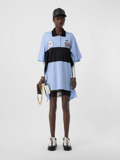 Shop Burberry Drape Detail Striped Cotton Oversized Polo Shirt Dress In Baby Blue