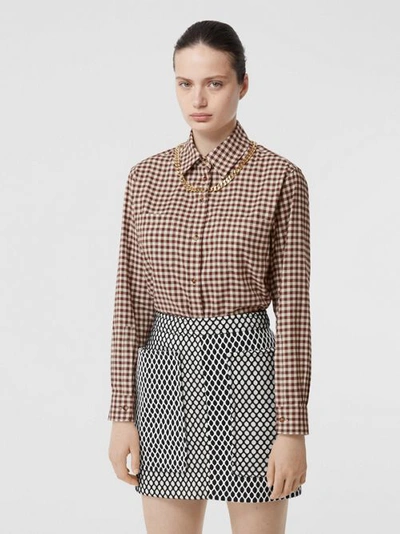 Shop Burberry Chain Detail Gingham Cotton Flannel Oversized Shirt In Brown