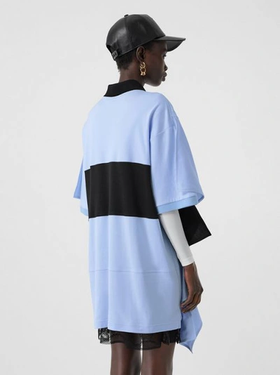 Shop Burberry Drape Detail Striped Cotton Oversized Polo Shirt Dress In Baby Blue