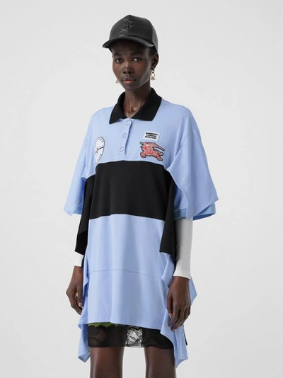 Shop Burberry Drape Detail Striped Cotton Oversized Polo Shirt Dress In Baby Blue