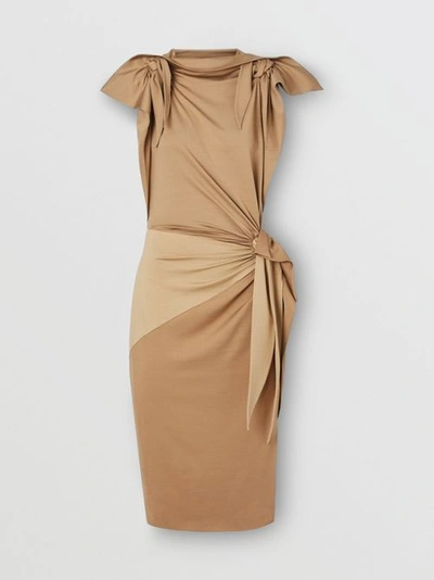 Shop Burberry Tie Detail Tri-tone Silk Jersey Dress In Wheat