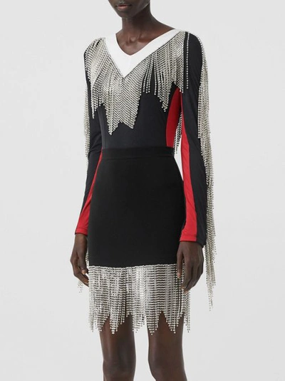 Shop Burberry Crystal Fringe Stretch Knit Mini Skirt In Black