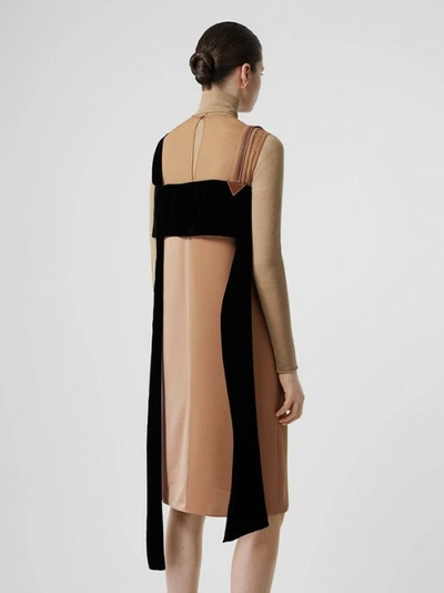 Shop Burberry Strap Detail Panelled Silk And Velvet Dress In Biscuit