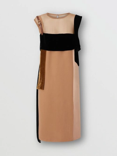 Shop Burberry Strap Detail Panelled Silk And Velvet Dress In Biscuit