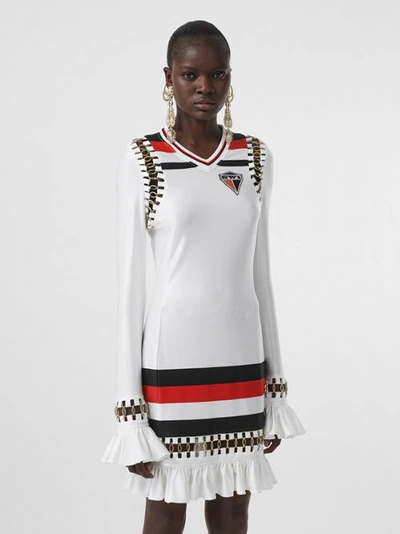 Shop Burberry Ring-pierced Striped Stretch Jersey Mini Dress In Optic White