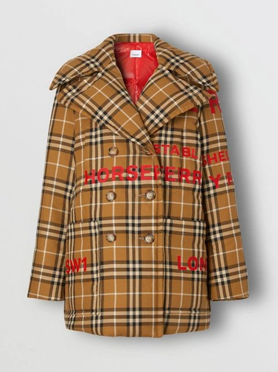 Shop Burberry Horseferry Print Check Down-filled Oversized Pea Coat In Warm Walnut