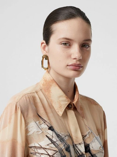 Shop Burberry Ship Print Devoré Silk Blend Oversized Shirt In Bronze