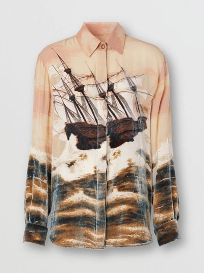 Shop Burberry Ship Print Devoré Silk Blend Oversized Shirt In Bronze