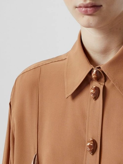 Shop Burberry Drape Detail Silk Oversized Shirt In Biscuit
