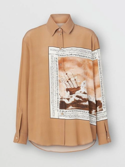 Shop Burberry Mariner Print Silk Oversized Shirt In Bronze