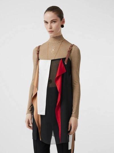 Shop Burberry Leather Detail Colour Block Silk Top In Black