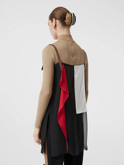 Shop Burberry Leather Detail Colour Block Silk Top In Black