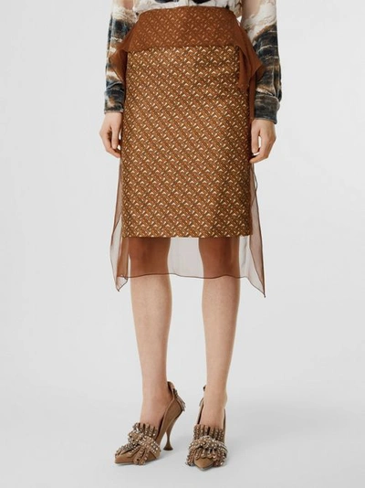 Shop Burberry Scarf Detail Monogram Print Silk Pencil Skirt In Brown